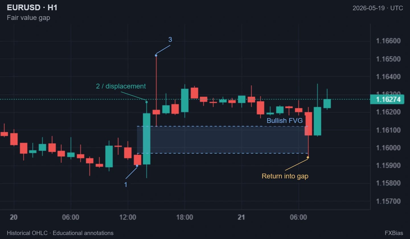 Historical EUR/USD H1: a bullish FVG between candle 1 high at 1.15968 and candle 3 low at 1.16120; the following morning price returns into it.